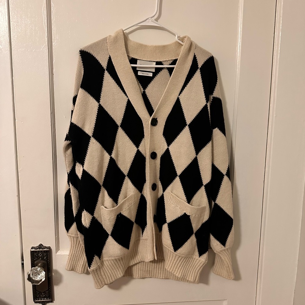 Eleven Six Black and Cream Argyle Cardigan Sweater
